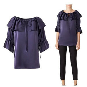 Osman Navy Frilled Blouse Satin Blue Medium